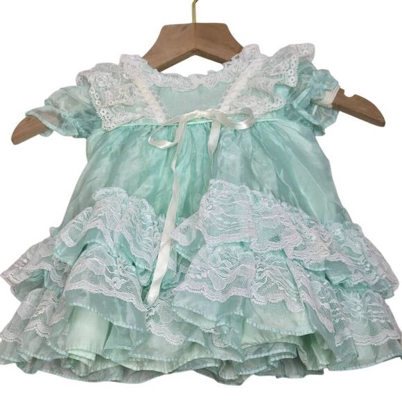 Martha's Miniatures Vintage Size 9-12Mo 80s Fussy Dress Girls Sheer Lace Bell Pa - Picture 2 of 9
